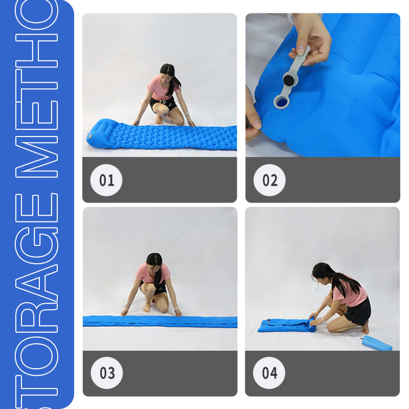 "Fuktsäker uppblåsbar campingmadrass med kudde, hållbart material, blå färg, robust och kompakt design för utomhusbruk."