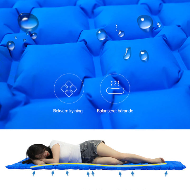 "Fuktsäker uppblåsbar campingmadrass med kudde, hållbart material, blå färg, robust och kompakt design för utomhusbruk."