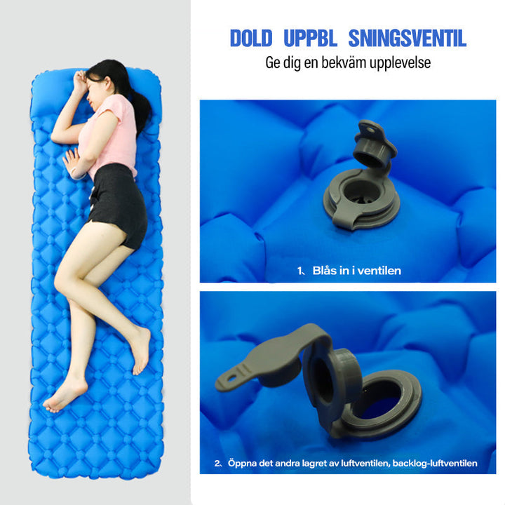 "Fuktsäker uppblåsbar campingmadrass med kudde, hållbart material, blå färg, robust och kompakt design för utomhusbruk."