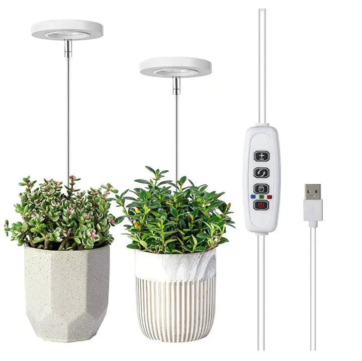 Kompakt växtlampa med justerbar arm, timer och dimmer. LED fullspektrum för bästa växtskötsel inomhus.