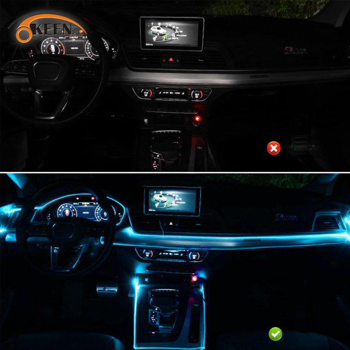 "Futuristisk RGB bilstripbelysning, 7 färger, lyser i regnbågens nyanser, passar bilens interiör, enkel USB-installation."