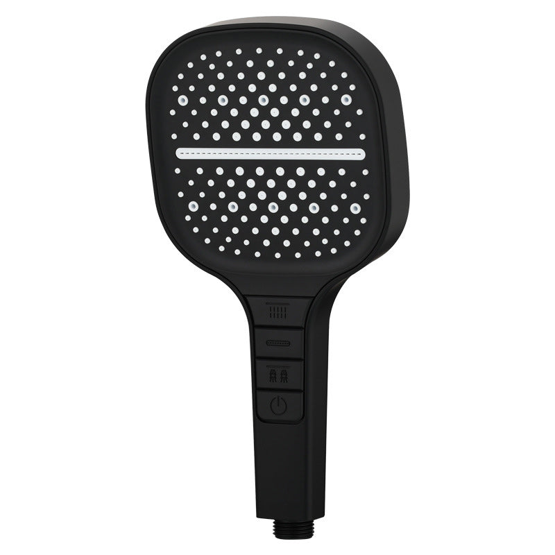 "Fyrkantigt regnduschhuvud med handdusch, elegant design i krom, ger jämnt vattenflöde för lyxig duschupplevelse."