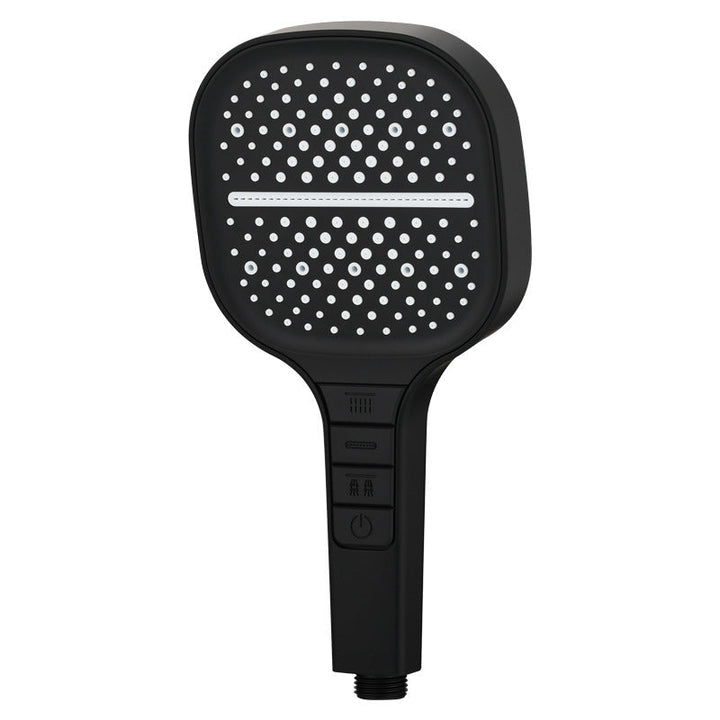 "Fyrkantigt regnduschhuvud med handdusch, elegant design i krom, ger jämnt vattenflöde för lyxig duschupplevelse."