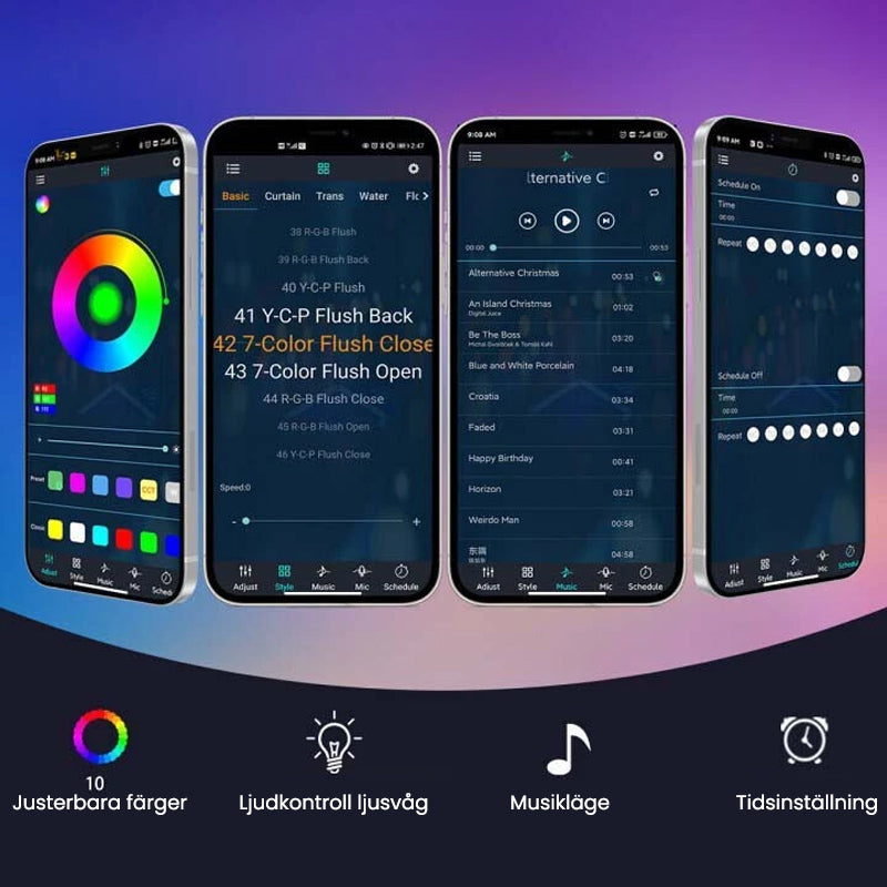 "Fyrverkeri LED-ljus med färgglada ljusstrålar, musiksynkronisering och Bluetooth, perfekt för hemdekoration."