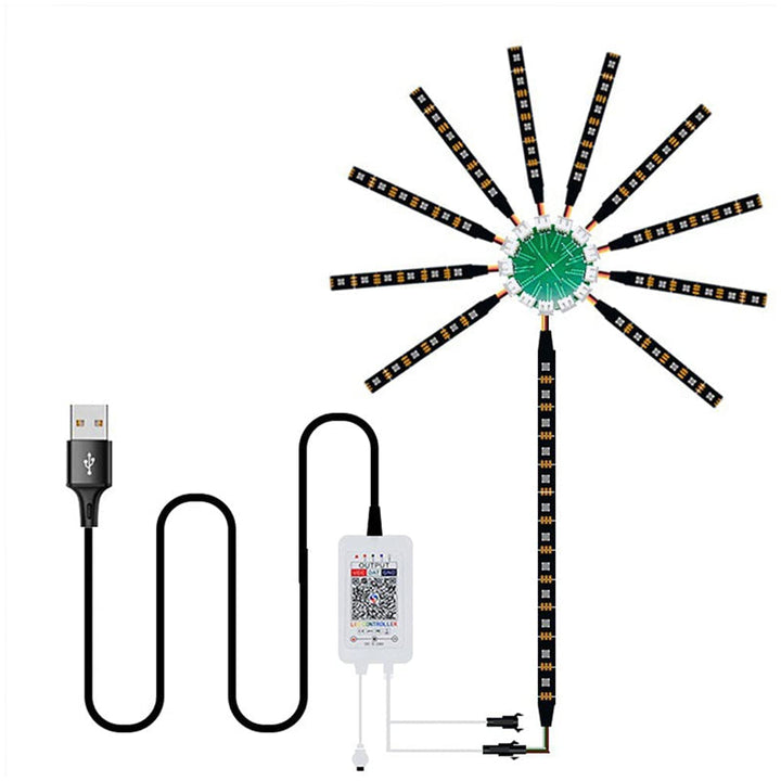 "Fyrverkeri LED-ljus med färgglada ljusstrålar, musiksynkronisering och Bluetooth, perfekt för hemdekoration."