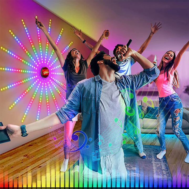 "Fyrverkeri LED-ljus med färgglada ljusstrålar, musiksynkronisering och Bluetooth, perfekt för hemdekoration."
