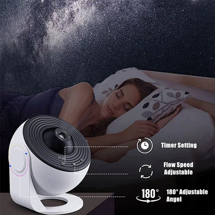 "Galaxy Star projektor lampa med 360° rotation, stjärnhimmel, flerfärgad nebulosa, idealisk för hemdekoration."