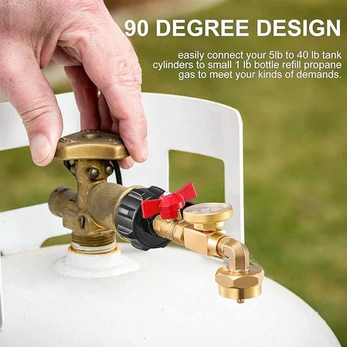 Propanadapter med integrerad tankmätare som visar gasolnivån för effektiv grillning och camping.