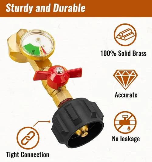 Gasoladapter med mätare för problemfri påfyllning av propan, ökar säkerheten vid camping och grillning.