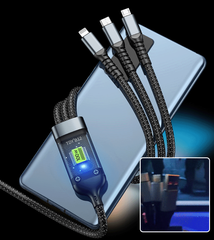 "Genomskinlig snabbladdande 3-i-1 datorkabel, nylonflätad, 100W högström för bärbar dator och mobila enheter."