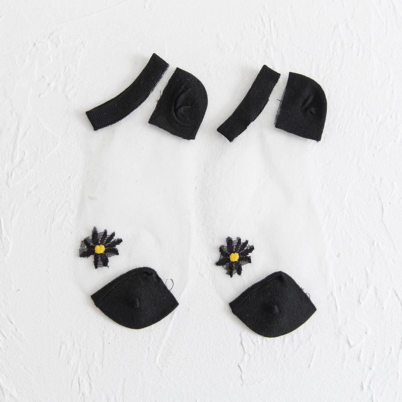 "Genomskinliga damsockor med blommotiv, feminin design med spets- och blomdetaljer, perfekt för sommaroutfits."