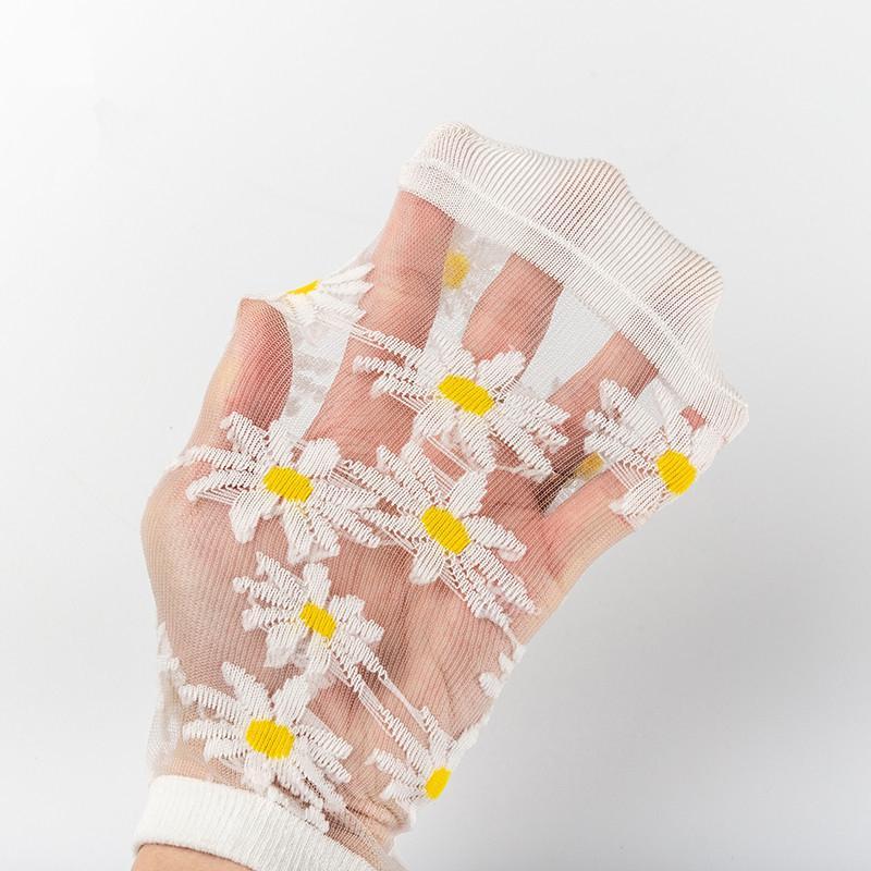 "Genomskinliga damsockor med blommotiv, feminin design med spets- och blomdetaljer, perfekt för sommaroutfits."