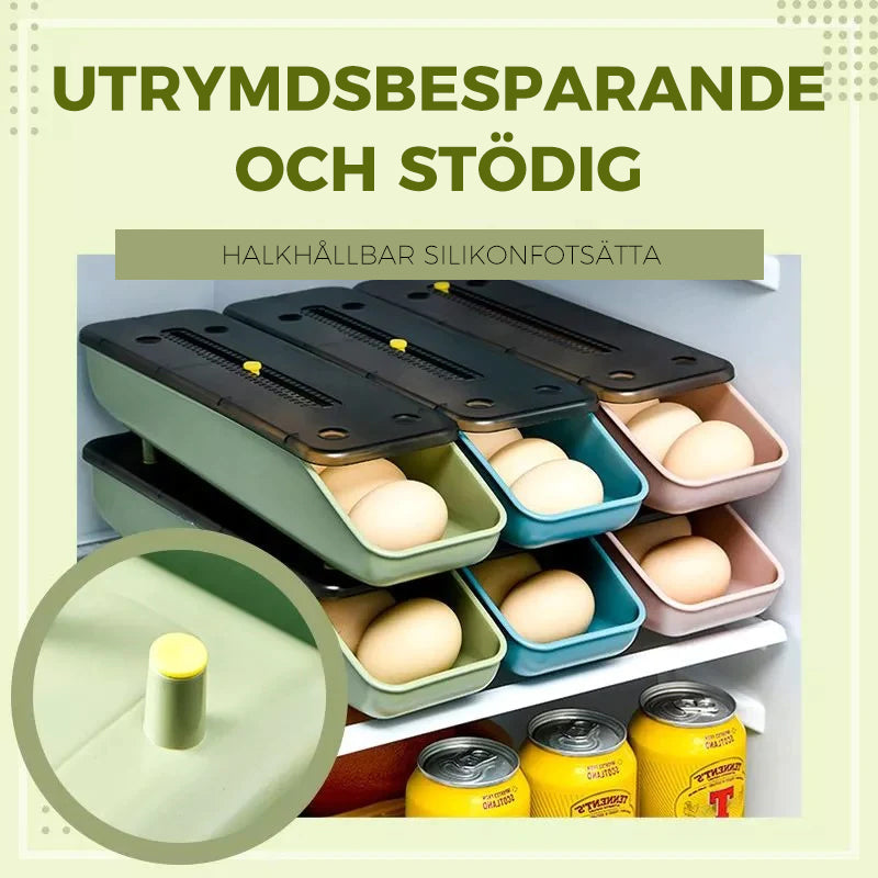"Glidbar äggförvaringslåda, genomskinlig design, finns i blå, grön, rosa, stapelbar, spar utrymme, hållbar PP-konstruktion."