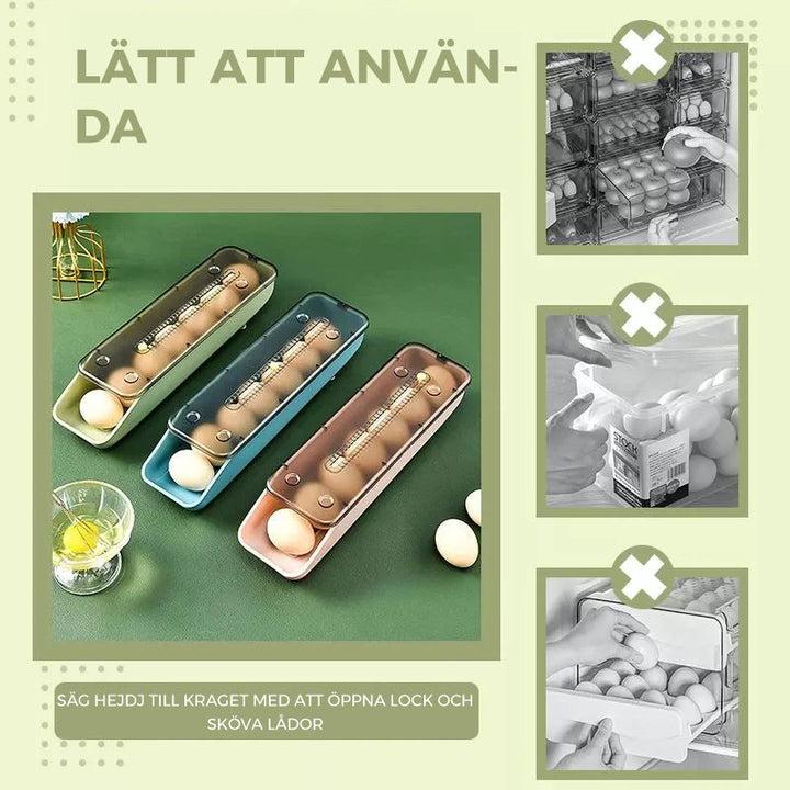 "Glidbar äggförvaringslåda, genomskinlig design, finns i blå, grön, rosa, stapelbar, spar utrymme, hållbar PP-konstruktion."