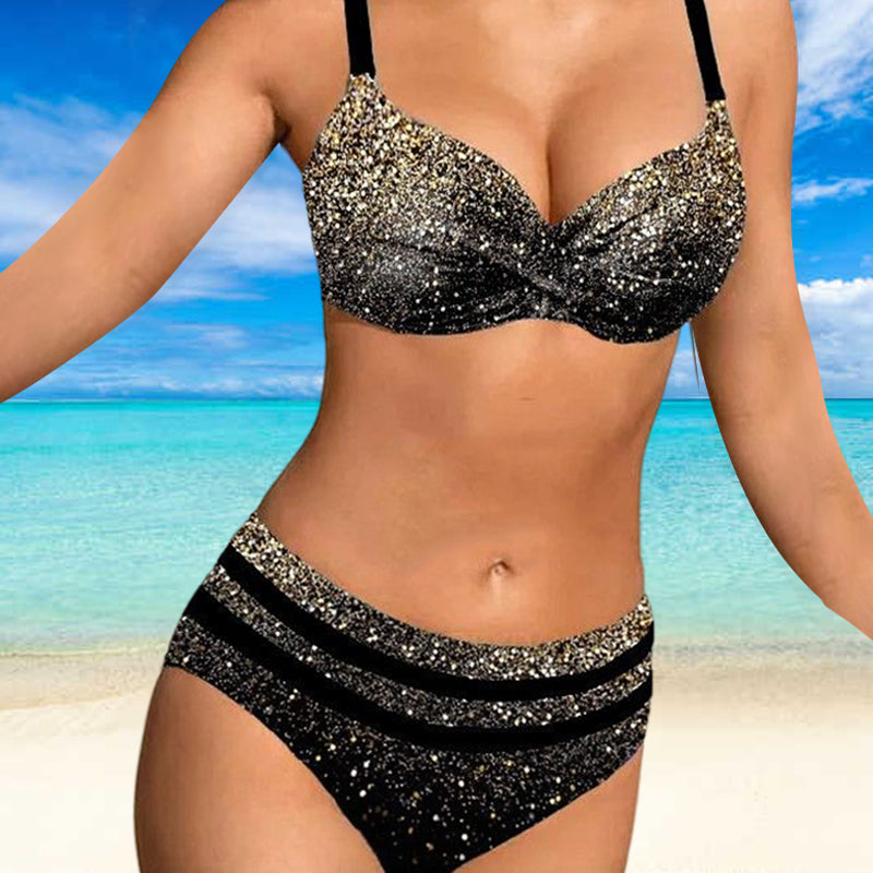 "Glittrande bikini för damer med hög midja, glittrande tryck, hög midjadesign, trendig baddräkt, sommarstil"