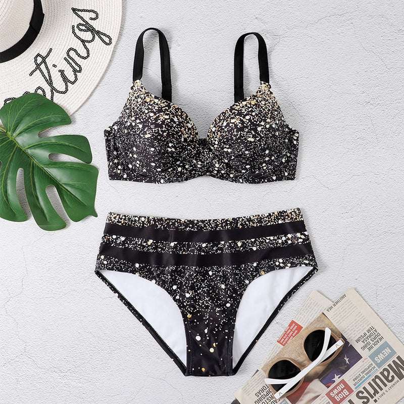"Glittrande bikini för damer med hög midja, glittrande tryck, hög midjadesign, trendig baddräkt, sommarstil"