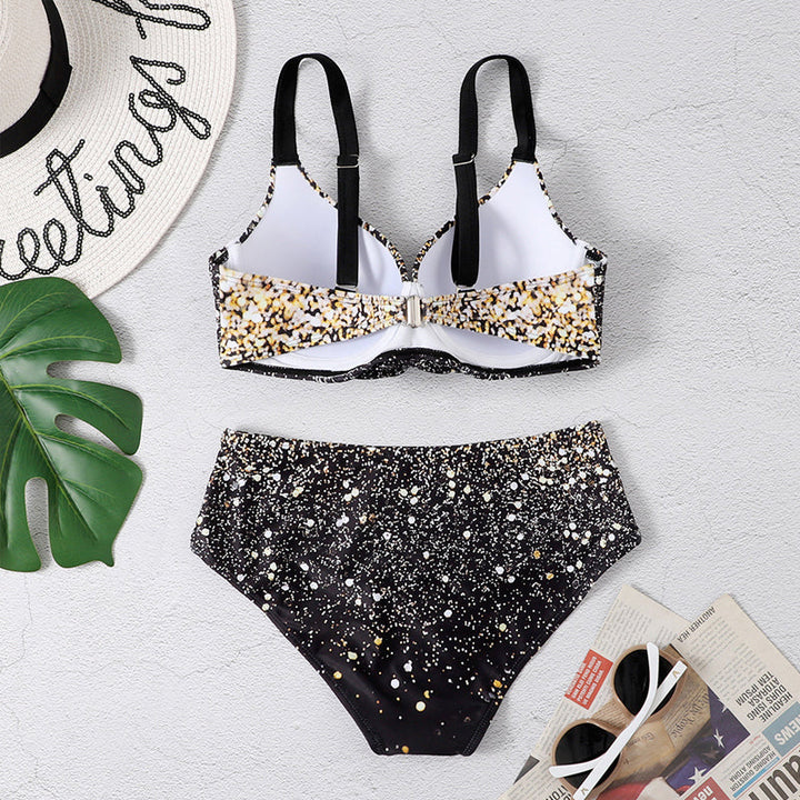 "Glittrande bikini för damer med hög midja, glittrande tryck, hög midjadesign, trendig baddräkt, sommarstil"