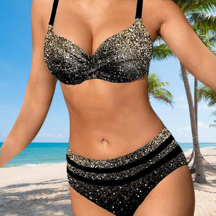 "Glittrande bikini för damer med hög midja, glittrande tryck, hög midjadesign, trendig baddräkt, sommarstil"