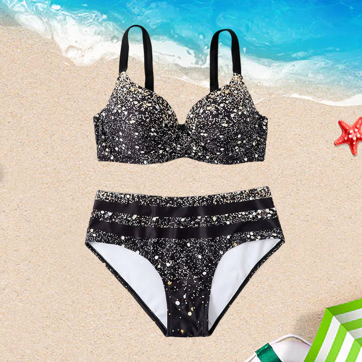"Glittrande bikini för damer med hög midja, glittrande tryck, hög midjadesign, trendig baddräkt, sommarstil"