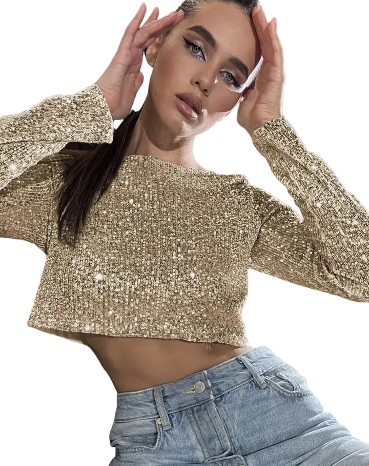 Glittrig crop top för dam, perfekt för fest, med gnistrande paljetter och modern passform.
