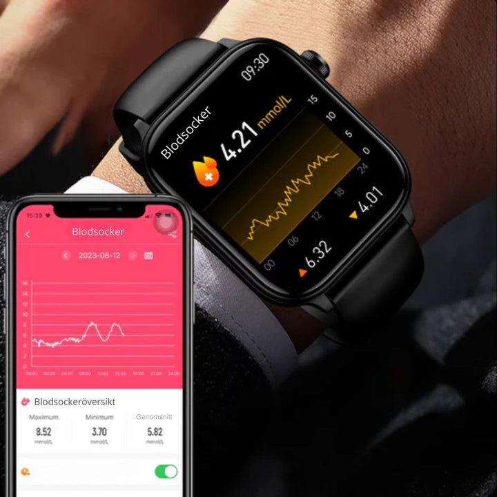 Person bär GlucoWatch 02 smartklocka på handleden, diskret design, kraftfulla funktioner.