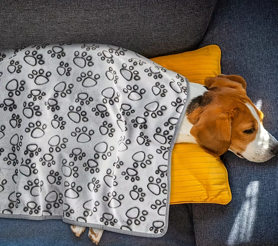 Grå hundfilt med tassmönster, mjuk & varm. Perfekt soffskydd för hundar och mysiga stunder.