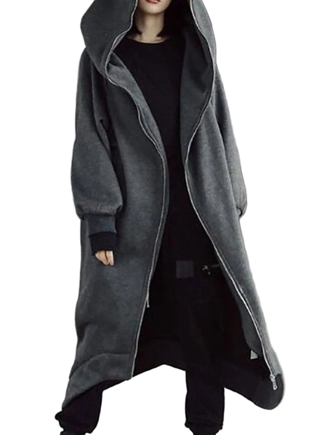 Grå lång damkappa med huva, urban stil, perfekt för en varm och bekväm vinter.