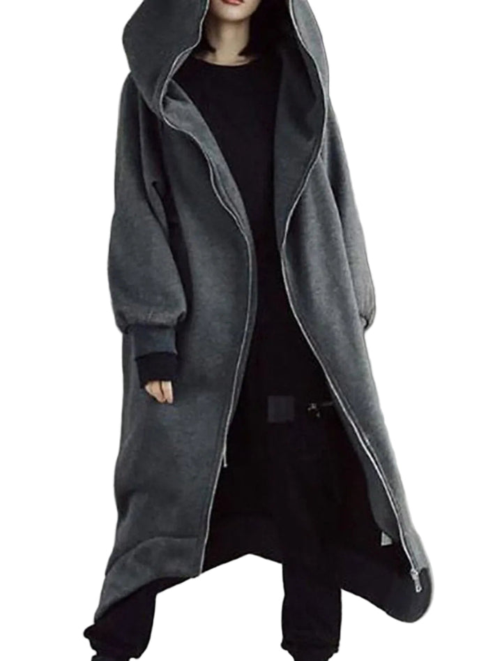 Grå lång damkappa med huva, urban stil, perfekt för en varm och bekväm vinter.