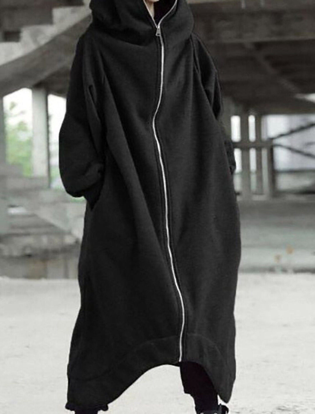 Mörkgrön damkappa, urban stil, lång och varm med huva, bekväm för vinterbruk.