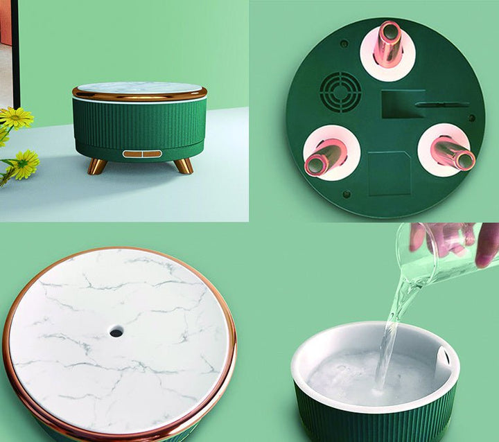 Modern grön luftfuktare med aromaterapifunktion, skapar hälsosam ånga och rogivande miljö.