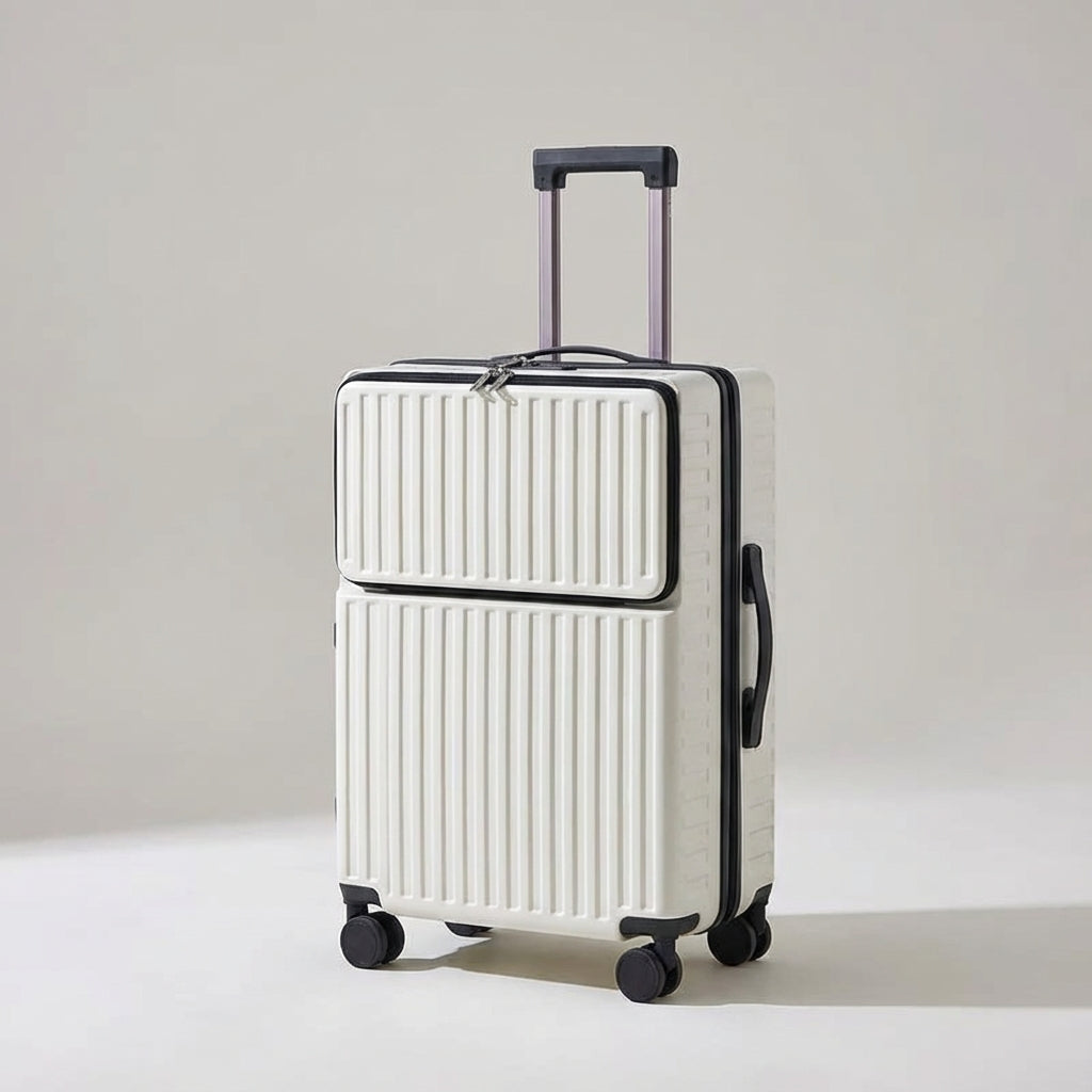 Svart spinner-kabinväska med framfack, perfekt för affärsresor och weekendresor med smart bagage.