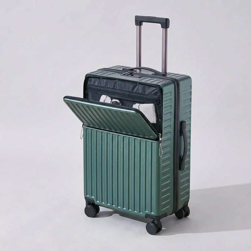 Travelift spinner-resväska, grå, med framfack för enkel åtkomst till mobil och pass på affärsresan.