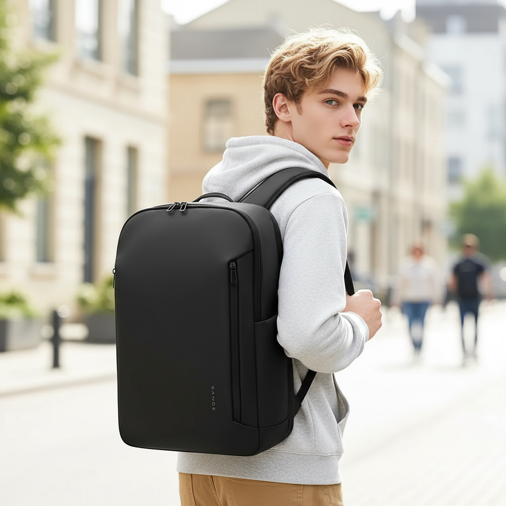Grå unisex vattentålig affärsryggsäck med laptopfack. Perfekt för pendling och organisering.