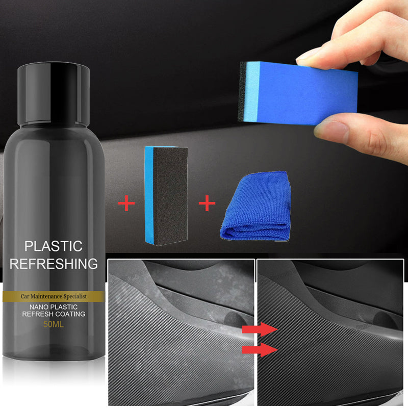 "Grå flaska med bilplast renoveringsmedel, perfekt för rengöring och skydd av bilens plastdelar, 50ML innehåll."