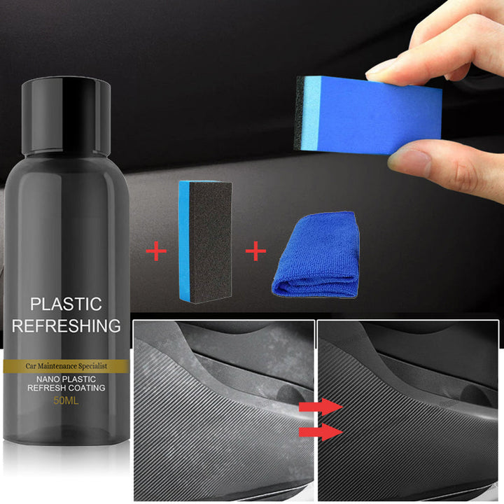 "Grå flaska med bilplast renoveringsmedel, perfekt för rengöring och skydd av bilens plastdelar, 50ML innehåll."