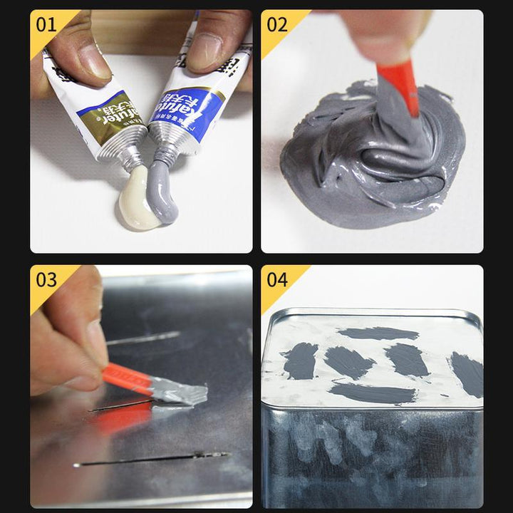 "Grå och gul metall reparationsgel för hög temperatur, 60g set för DIY-projekt; ger hållbar, jämn finish."