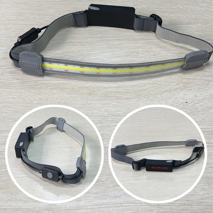 "Grå unisex USB-uppladdningsbar pannlampa, lätt och stilren för löpning, vandring och cykling."