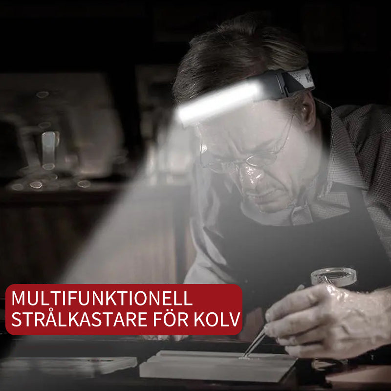 "Grå unisex USB-uppladdningsbar pannlampa, lätt och stilren för löpning, vandring och cykling."