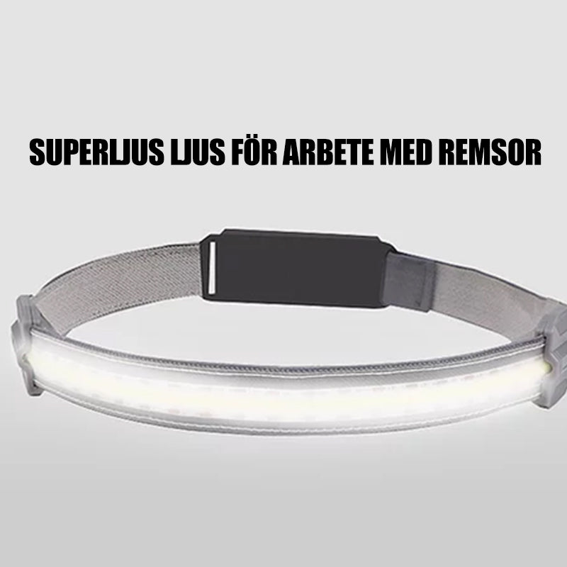 "Grå unisex USB-uppladdningsbar pannlampa, lätt och stilren för löpning, vandring och cykling."