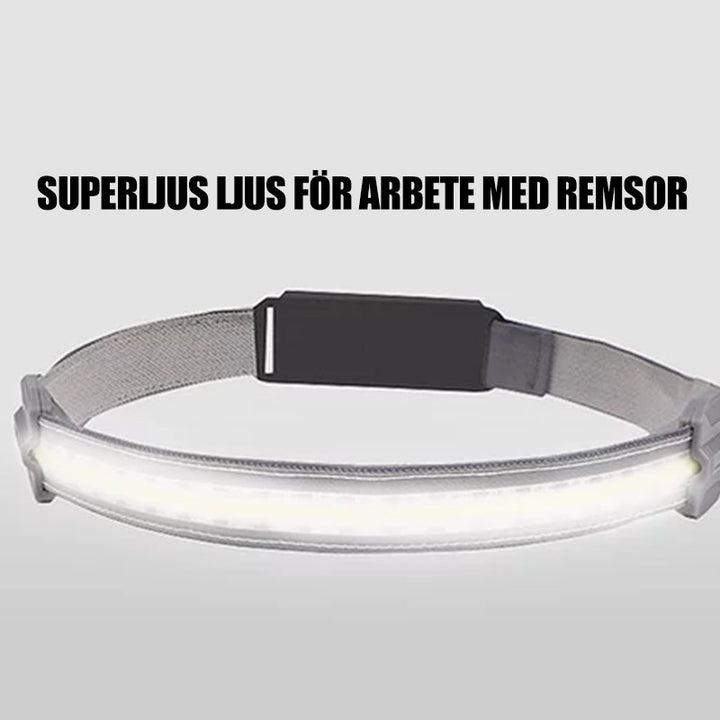 "Grå unisex USB-uppladdningsbar pannlampa, lätt och stilren för löpning, vandring och cykling."