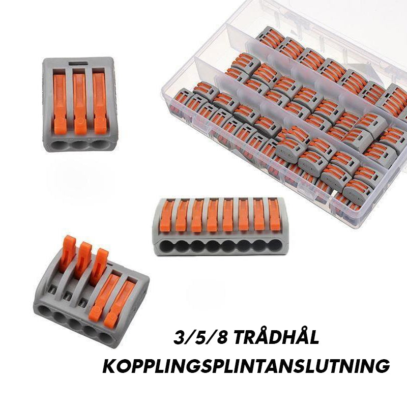 "Grå universal kopplingsklämma för snabb och säker elektrisk anslutning med orange spak."