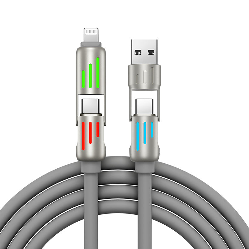 "Grå USB C-kabel 240W 4-i-1 för snabbladdning, 1.2m, silikon, med kontakter för USB A, Lightning, dubbel USB C."