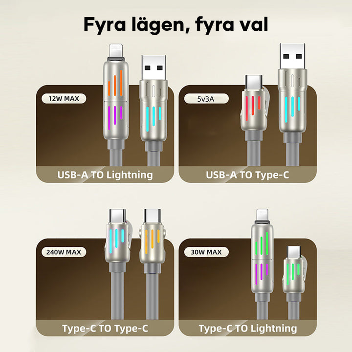 "Grå USB C-kabel 240W 4-i-1 för snabbladdning, 1.2m, silikon, med kontakter för USB A, Lightning, dubbel USB C."