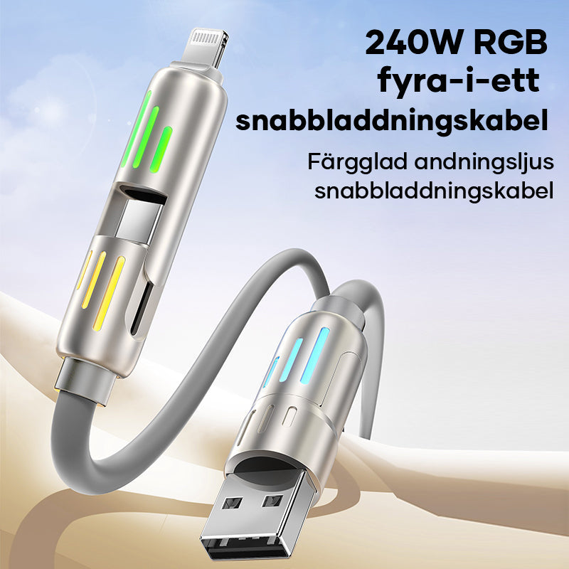 "Grå USB C-kabel 240W 4-i-1 för snabbladdning, 1.2m, silikon, med kontakter för USB A, Lightning, dubbel USB C."
