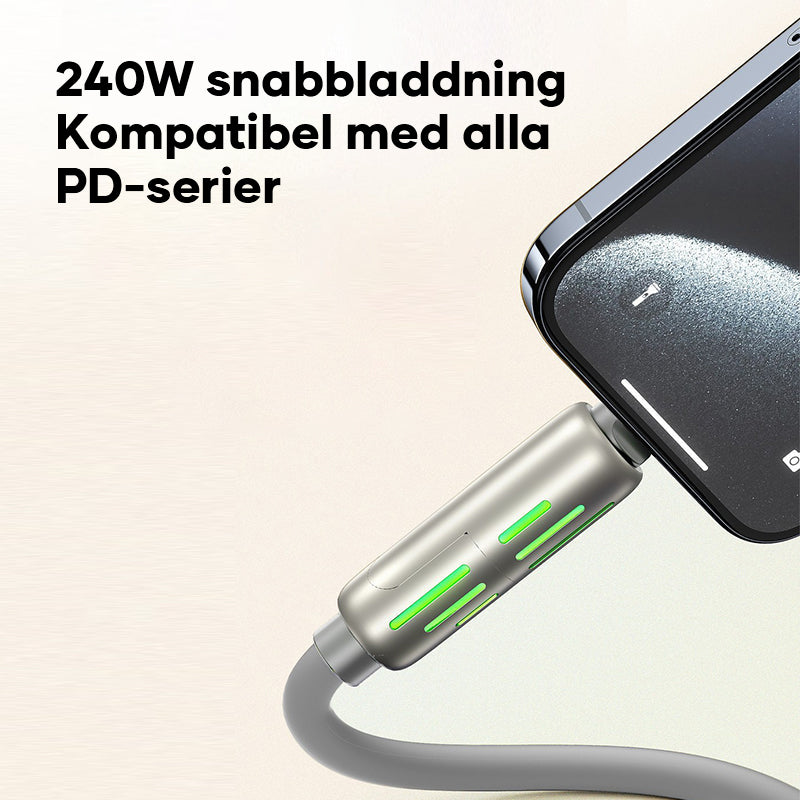 "Grå USB C-kabel 240W 4-i-1 för snabbladdning, 1.2m, silikon, med kontakter för USB A, Lightning, dubbel USB C."