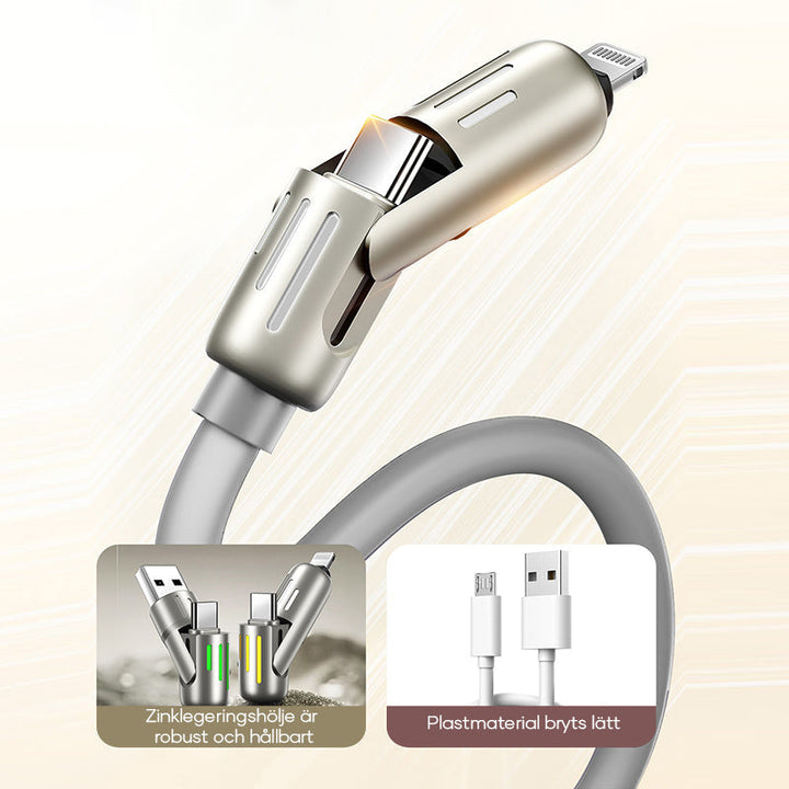 "Grå USB C-kabel 240W 4-i-1 för snabbladdning, 1.2m, silikon, med kontakter för USB A, Lightning, dubbel USB C."