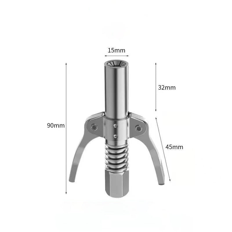 Grease gun coupler i rostfritt stål med dubbelhandtag, ergonomisk design, och läckagesäkra käftar för smidig användning.