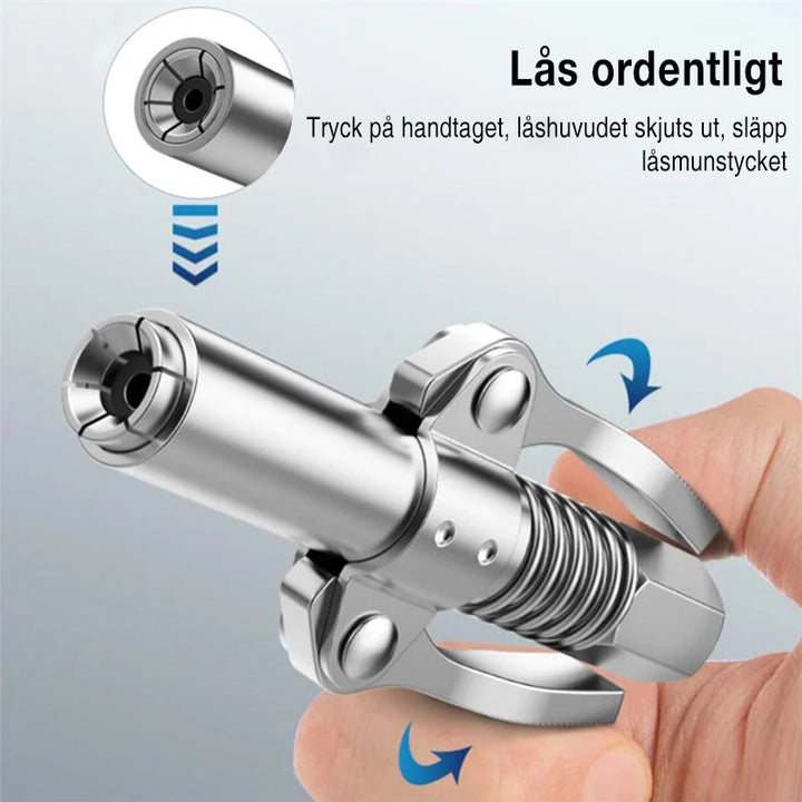 Grease gun coupler i rostfritt stål med dubbelhandtag, ergonomisk design, och läckagesäkra käftar för smidig användning.