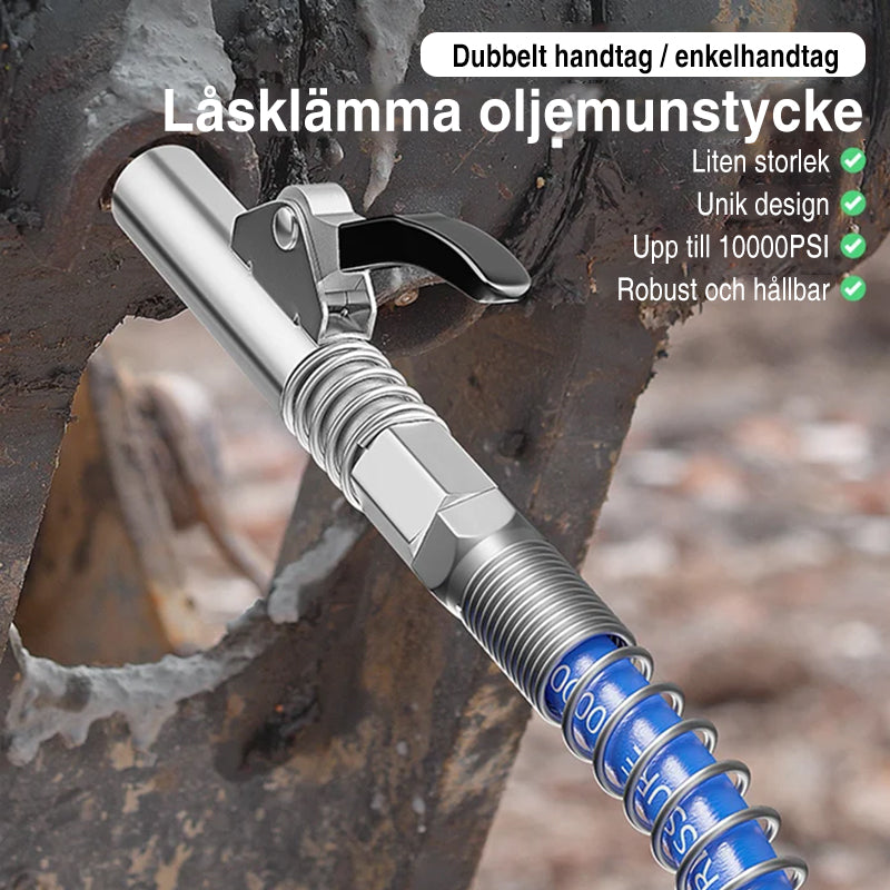 Grease gun coupler i rostfritt stål med dubbelhandtag, ergonomisk design, och läckagesäkra käftar för smidig användning.