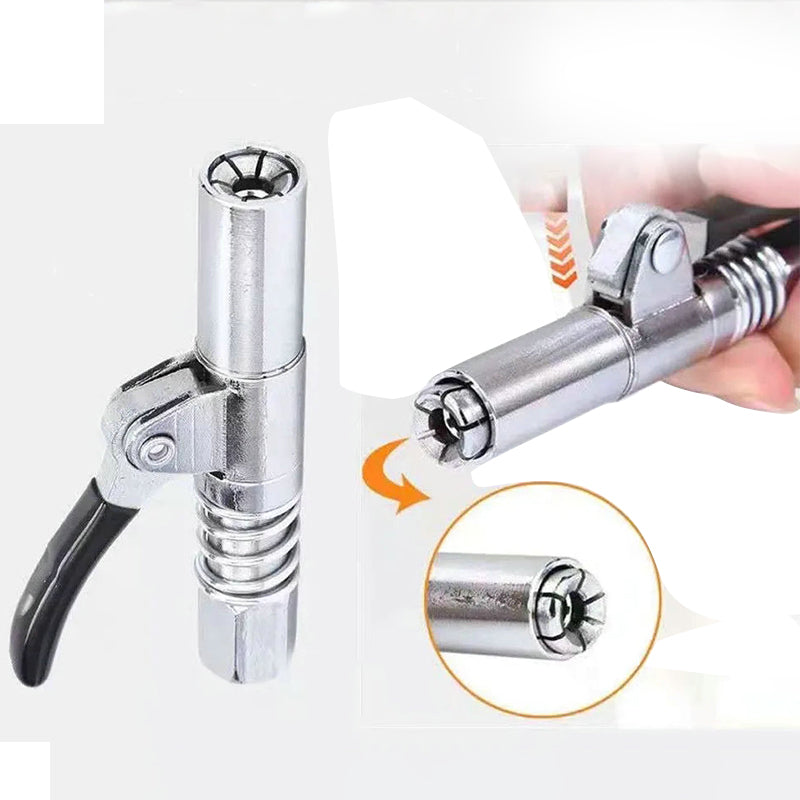 Grease gun coupler i rostfritt stål med dubbelhandtag, ergonomisk design, och läckagesäkra käftar för smidig användning.